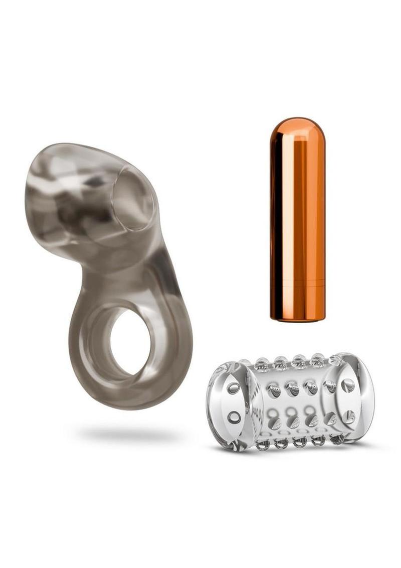 Stay Hard Vibrating Rechargeable Cock Ring Set with Studded Sleeve