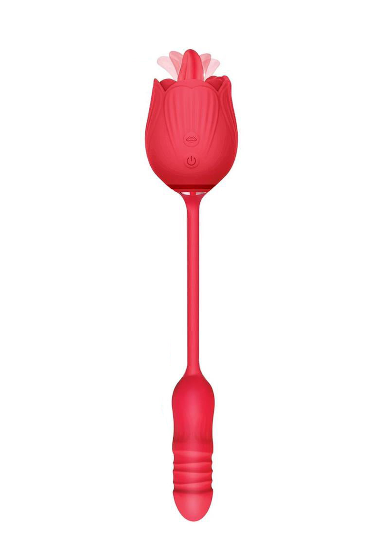 Wild Rose Lick and Thrust Rechargeable Silicone Dual Vibrator with Clitoral Stimulator