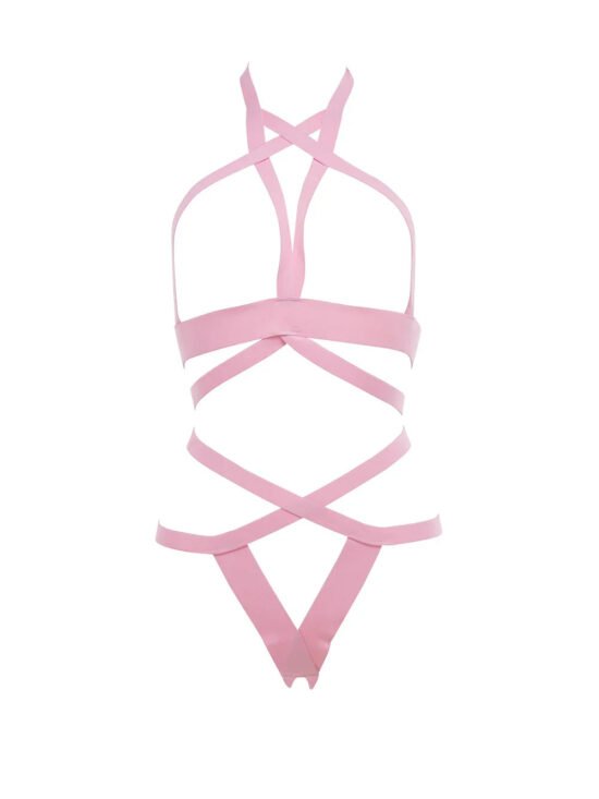 Allure Kitten It's Complicated Open Elastic Strappy Bra & Open Back Panty Pink One Size