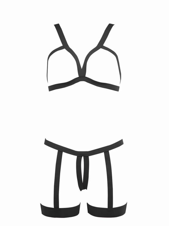 Allure Kitten Teaser Strappy Open Cup Bra & Open Panty with Leg Straps Black One Size