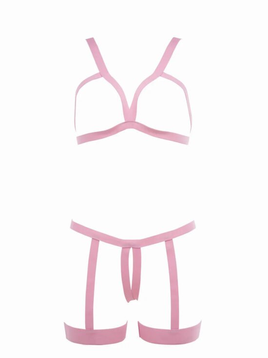 Allure Kitten Teaser Strappy Open Cup Bra & Open Panty with Leg Straps Pink One Size