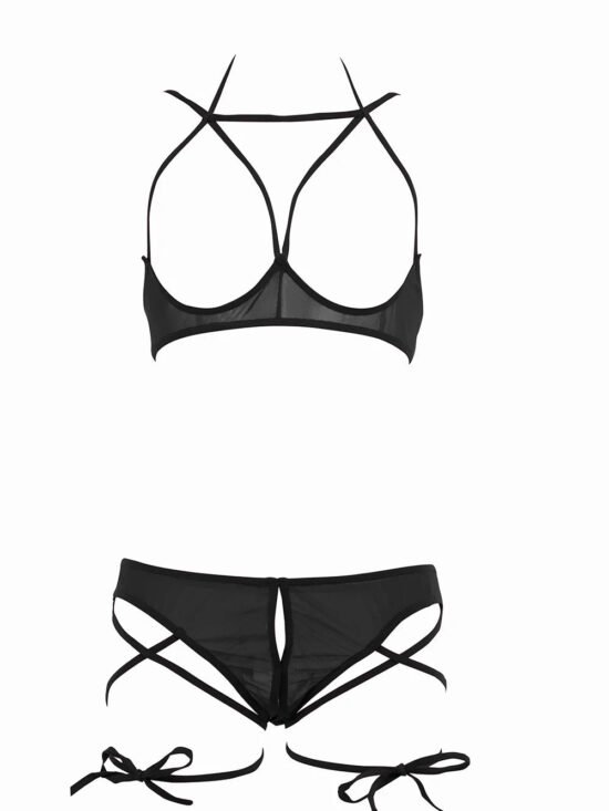 Allure Collection Monique Open Bra & G-String Set with Criss Cross Thigh Straps Black