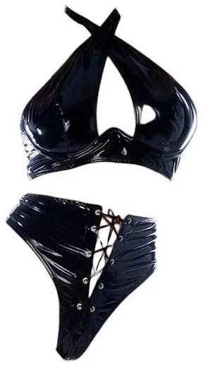 Mapale Wetlook Vinyl 2 PC Crisscross Underwire Top with High Waisted Thong Gloss Black