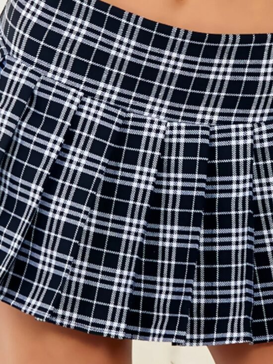 Escante Long Pleated Zipper Side School Girl Skirt Black Plaid