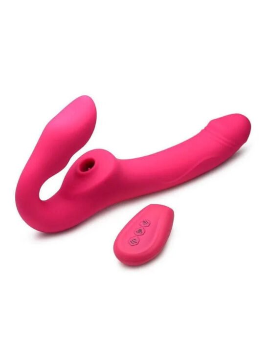 Licking Vibrating Rechargeable Silicone Strapless Strap-On with Remote Control - Pink