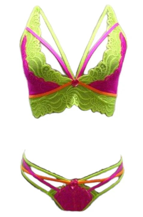 Escante Festival Wear Strappy Lace Top & G-String Neon Pink & Yellow