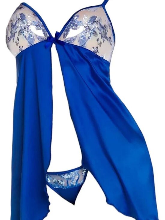 Mapale Holiday Front Opening Babydoll & Thong with Sequin Embroidered Mesh and Vibrant Satin Fantasy Blue