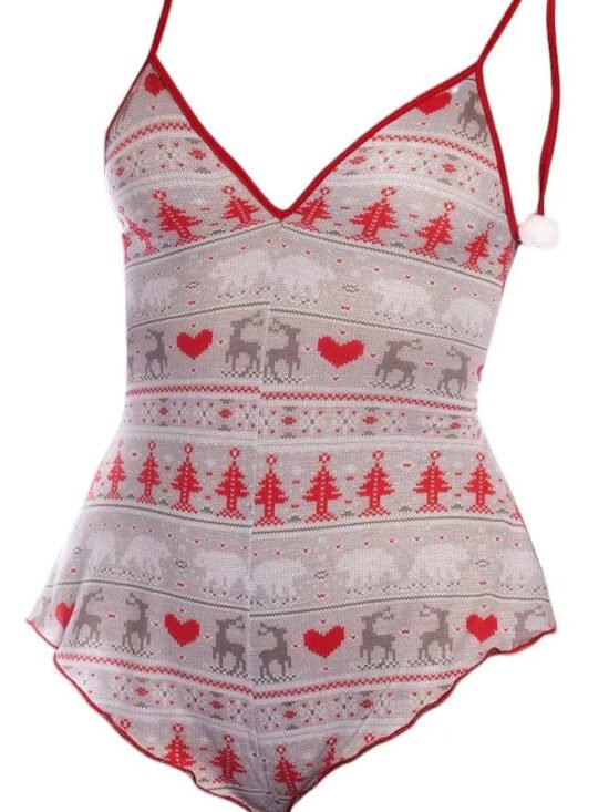 Mapale Holiday Festive Romper with Pompom Detail Shoulder Ties Christmas Print