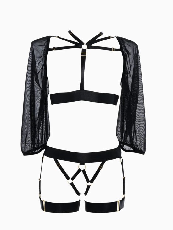 Allure Adore Ibiza Babe Strappy Open Front Bodice w/Mesh Sleeves & Open Gartered Panty Black One Size