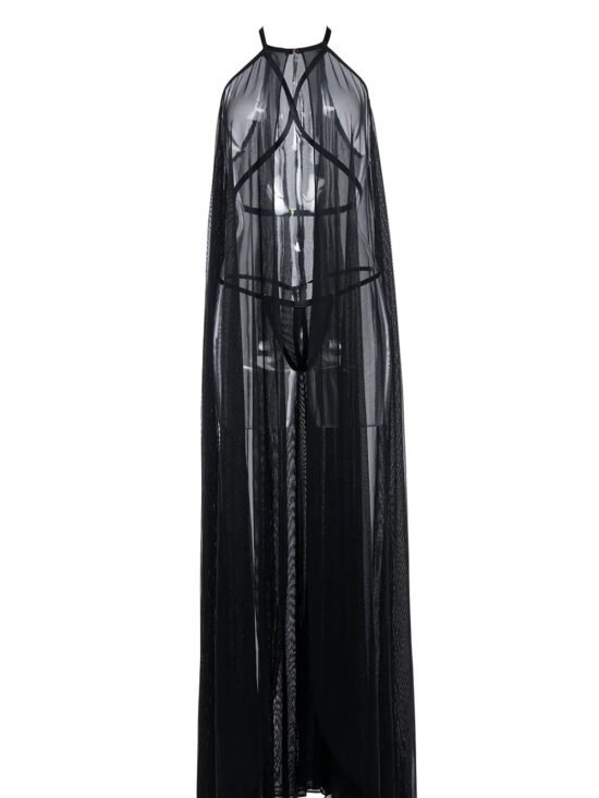 Allure Adore Drama Queen Sheer Mesh Criss Cross Cape & Open G-String Black One Size