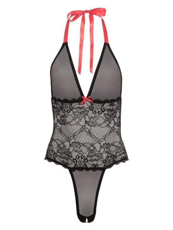 Barely Bare V Plunge Lace and Mesh Teddy Black One Size