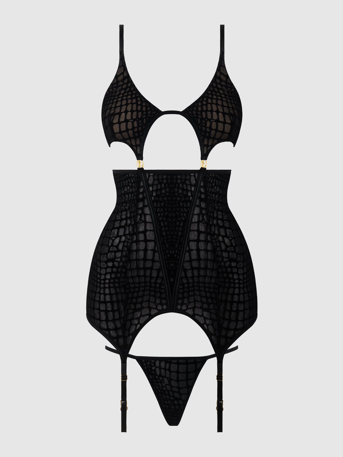 Snake Velvet-Burnout Mesh Chemise & G-String Set Black