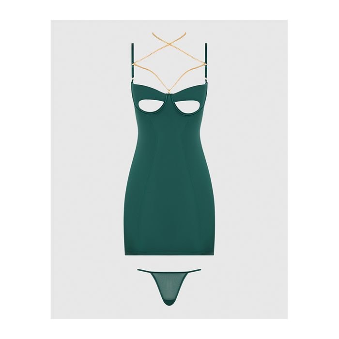 Evangeline Satin & Chain Open Cup & Back Chemise & G-String Set Green