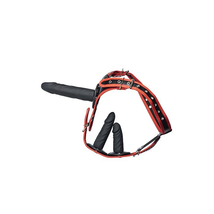 Kinky Play Box Triple Dildo Thrill Strap-On Harness Kit Black/Red
