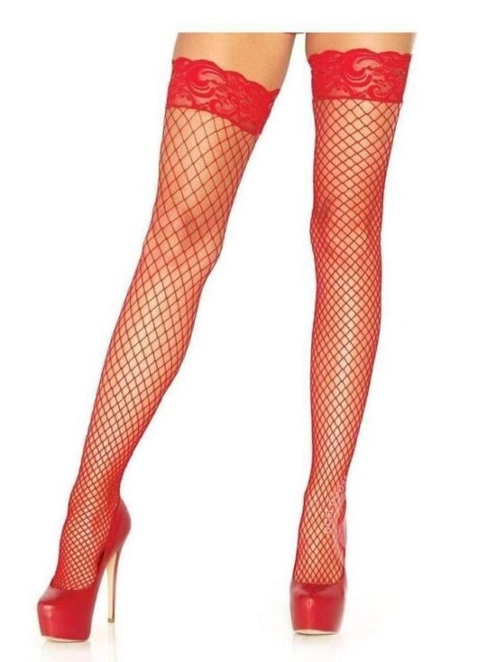 Leg Avenue Industrial Net Thigh Highs With Stay Up Silicone Lace Top Red