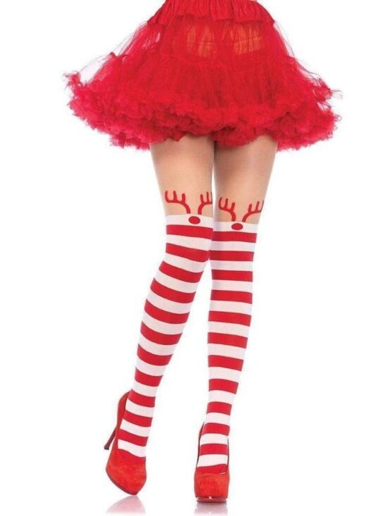 Leg Avenue Rudolph Reindeer Opaque Striped Pantyhose with Sheer Thigh High - O/S - Red/White