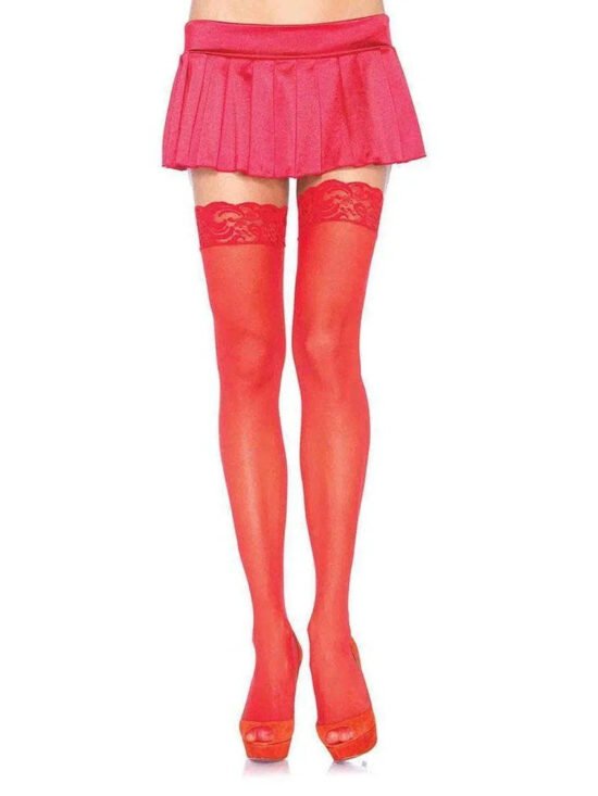 Leg Avenue Sheer Nylon Thigh High Stockings With Lace Top Red