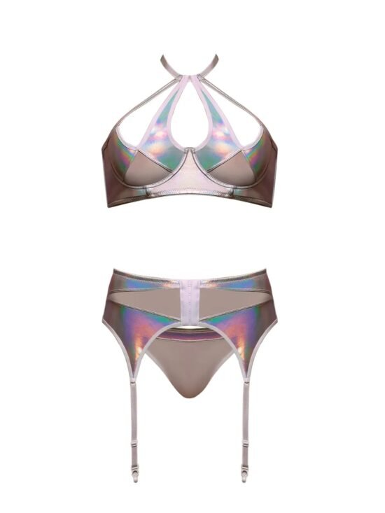 Magic Silk Oil Slick Halter Bra, Garter & Panty Set Silver