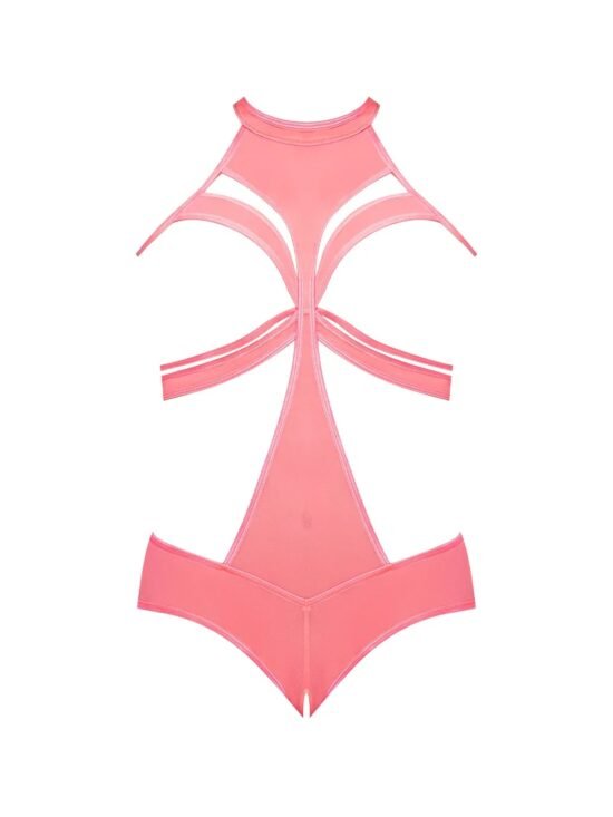 Magic Silk Forever Mesh Cupless & Crotchless Halter Teddy With Split-Back Coral