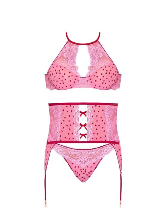 Magic Silk Tickled Pink High-Neck Bra, Gartered Waist Cincher & Thong Set Pink
