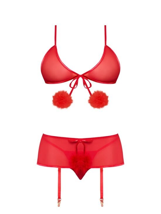 Magic Silk Marabou Bra, Garter Skirt & G-String Set Red