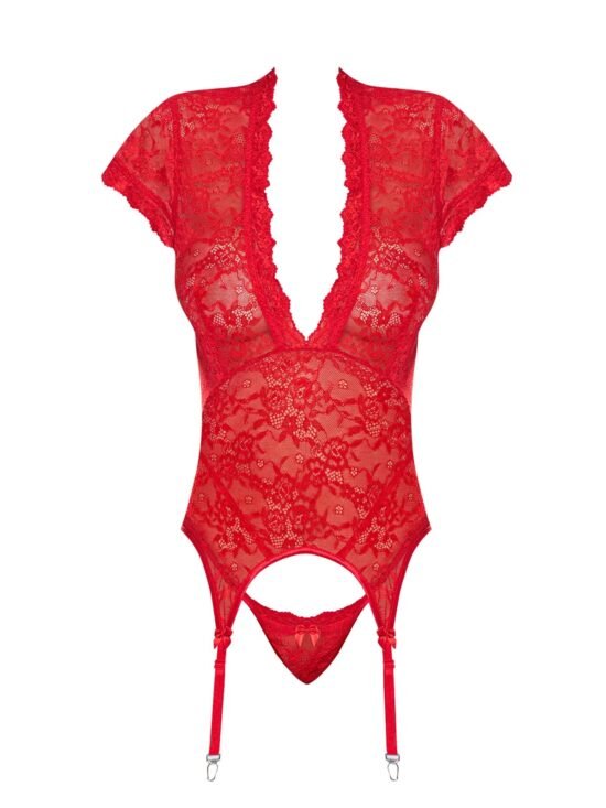 Magic Silk Ooh La Lace Cap Sleeve Basque & Tanga Set Red