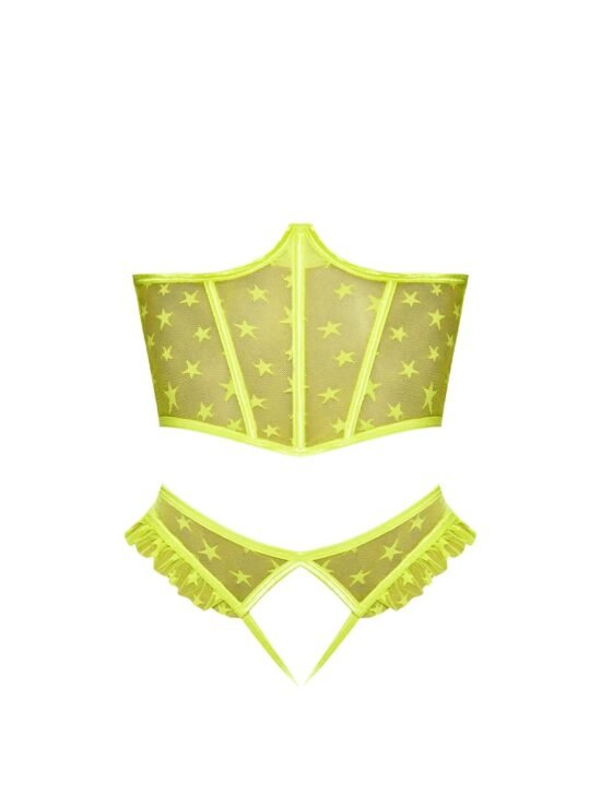 Magic Silk Love Star Cupless Bustier & Open Crotch Panty Set Neon Lime Green