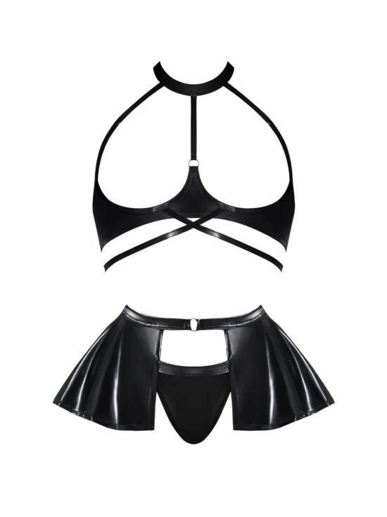Magic Silk Hard Candy Open Cup Halter Bra, Skirt & Thong Black