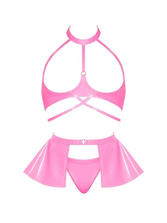 Magic Silk Hard Candy Open Cup Halter Bra, Skirt & Thong Pink