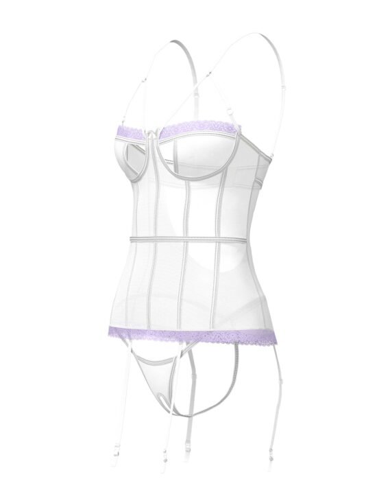 Magic Silk Sheer Passion Keyhole Basque & Crotchless G-String White/Lavender