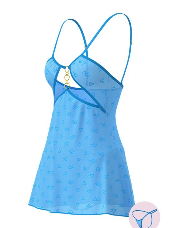 Magic Silk Flirty Hearts Cut Out Flutter Chemise & G-String Set Blue Sugar