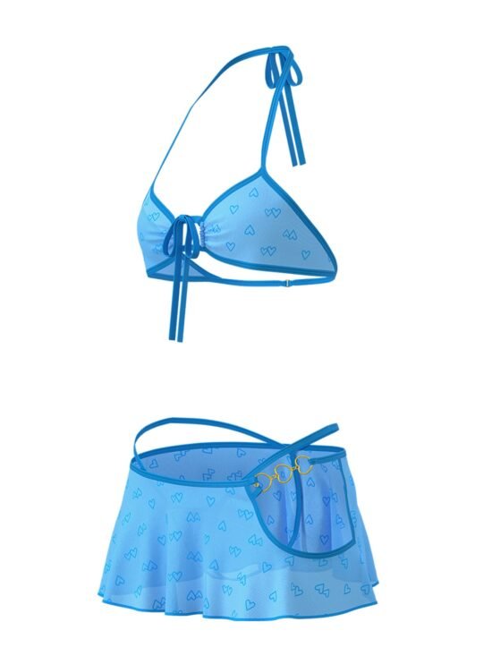 Magic Silk Flirty Hearts Halter Bra, Flutter Skirt & G-String Set Blue Sugar