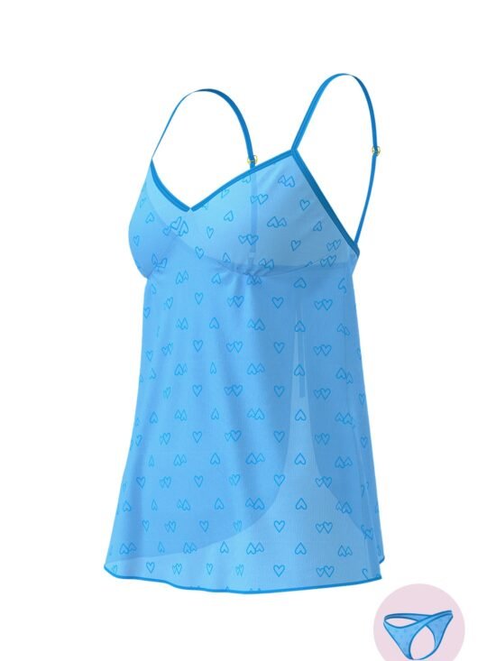 Magic Silk Flirty Hearts Flutter Babydoll & High Leg Tanga Set Blue Sugar