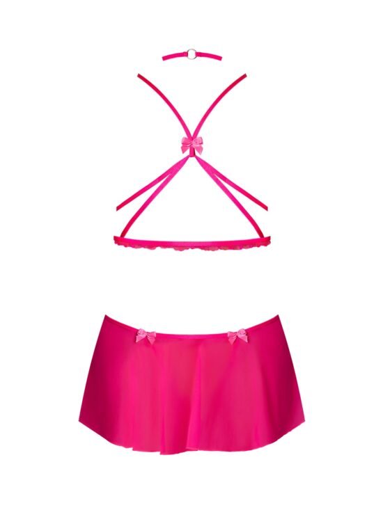 Magic Silk Pink Kink Harness Top, Open Crotch Skirt Panty & Choker Pink Glow