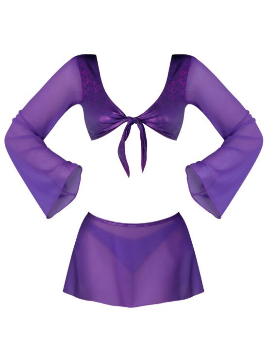 Magic Silk Glimmer LS Crop Top, Mini Skirt & Tie Side Thong Purple Disco