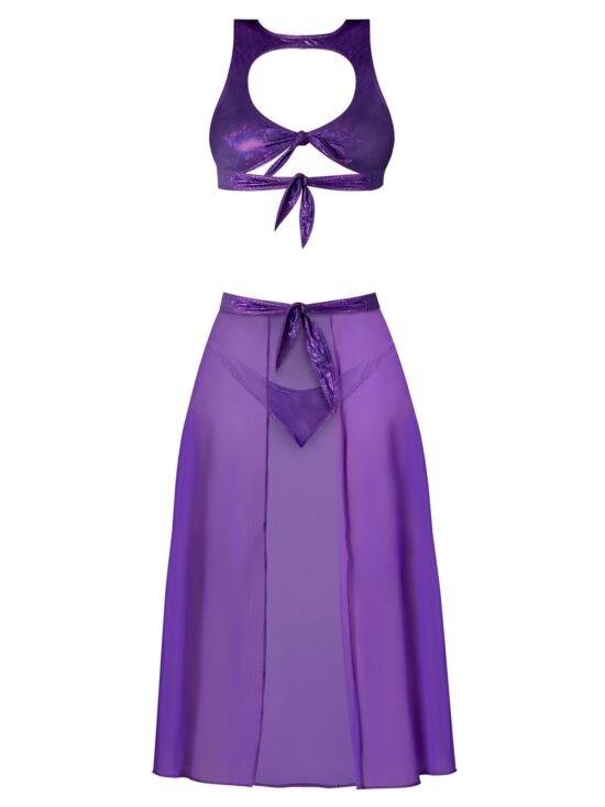 Magic Silk Glimmer High Neck Crop Top, Flowy Skirt & Tanga Set Purple Disco