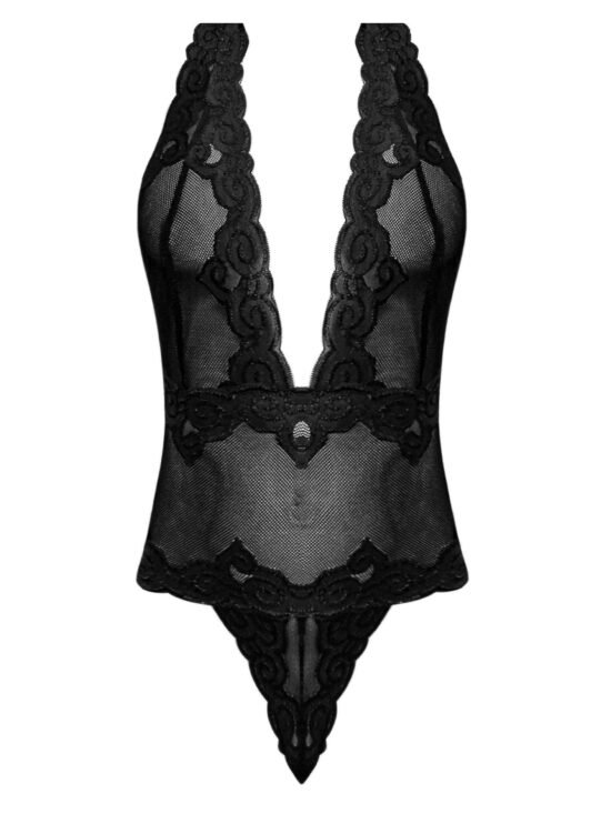 Magic Silk Sexy Time Deep Plunge Halter Teddy with G-String Black