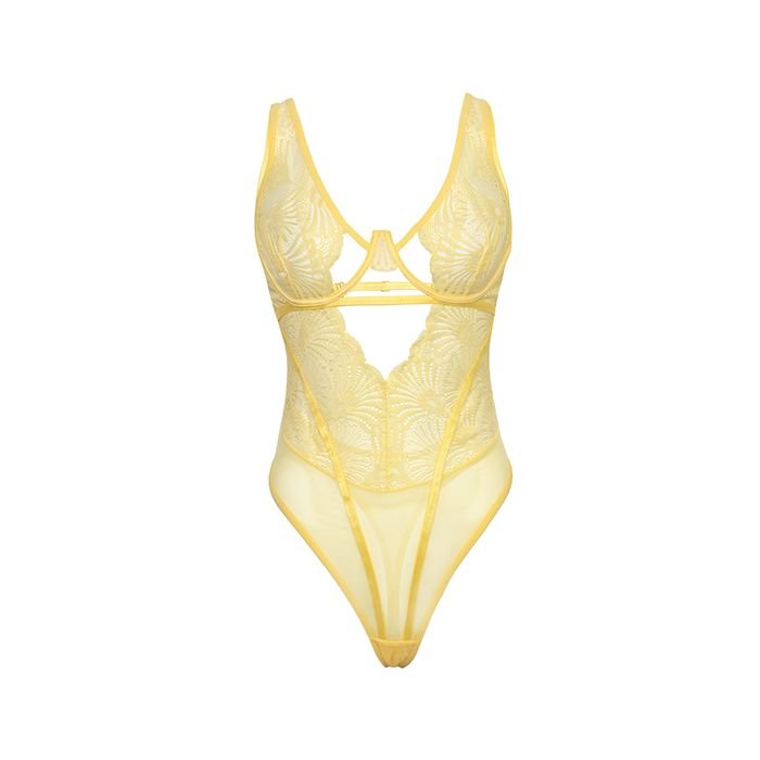 Tiana Scallop Lace & Mesh Underwire Teddy Pale Banana