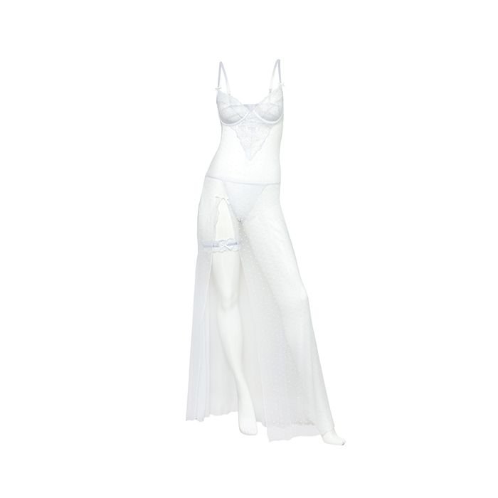 Livia Dot Mesh & Lace Underwire Gown & Garter 2 pc Set White