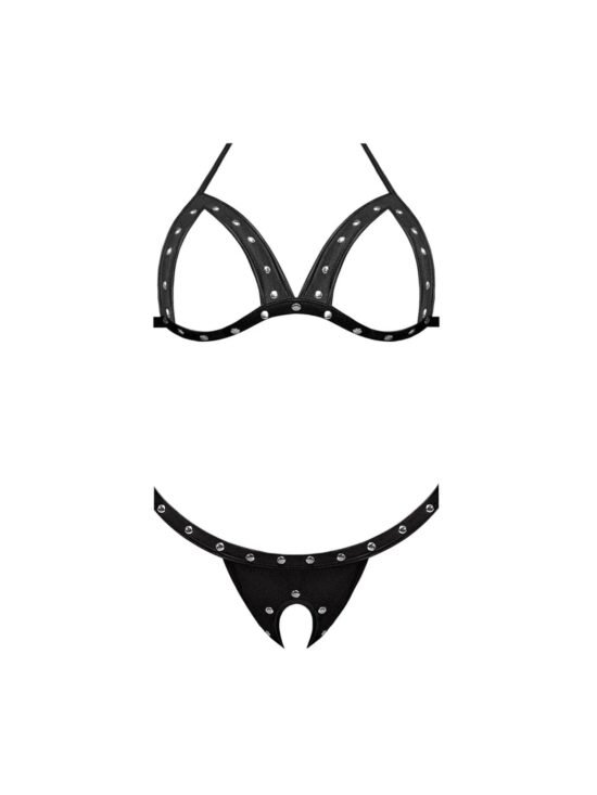 Magic Silk Lust Fetish Aphrodite Leather Look Cupless Bra & Crotchless Thong Black