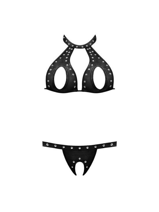 Magic Silk Lust Fetish Temptress Leather Look Open Cup Bra & Crotchless Thong Black