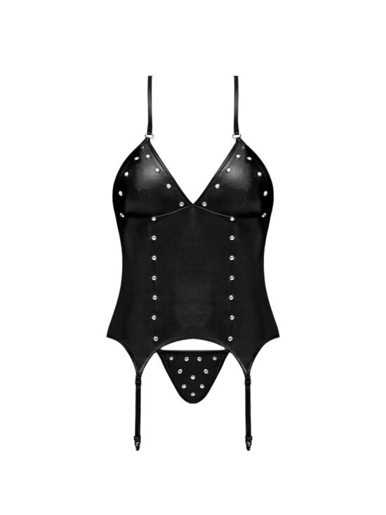 Magic Silk Lust Fetish Madame Leather Look Halter Bustier & G-String Black