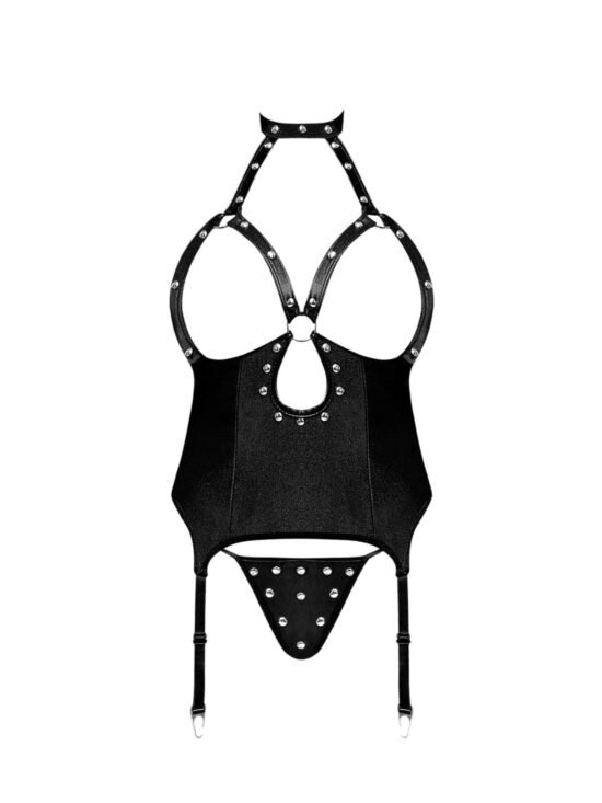 Magic Silk Lust Fetish Mistress Leather Look Open Cup Harness & G-String Black