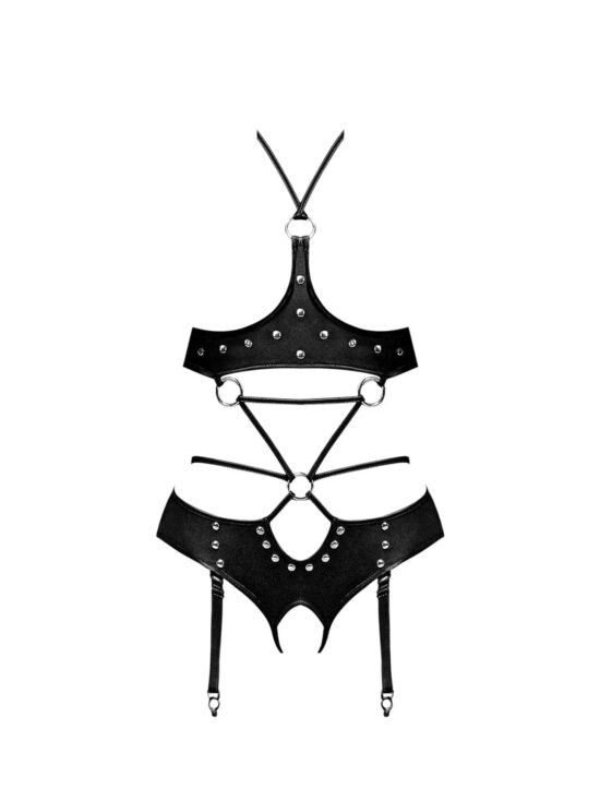 Magic Silk Lust Fetish Urania Leather Look Open Cup Crotchless Halter Teddy Black