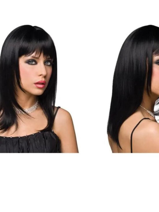 Pleasure Wigs Steph Shoulder Length Straight and End Curls Hair Banged Wig Black