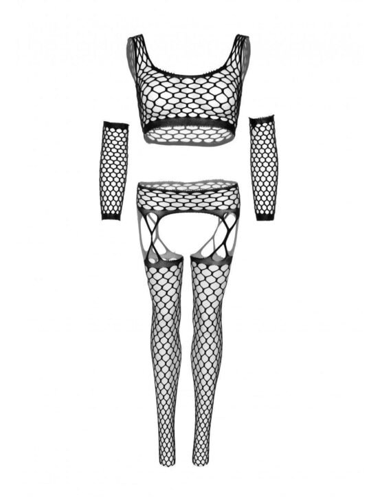 Leg Avenue Net Crop Top, Garter Stockings and Matching Gloves (3 pieces) - O/S