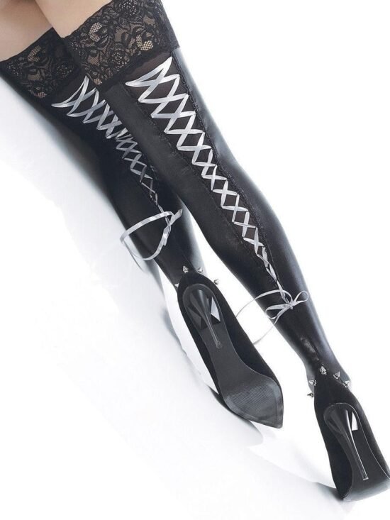 Coquette Thigh High Wetlook Stockings with Contrasting Ribbon Lace-Up Back Seam Detail Black/Silver