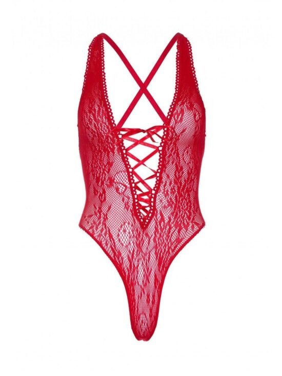 Leg Avenue Floral Lace Thong Teddy with Lace Up Front and Cross Over Back Straps O/S Red