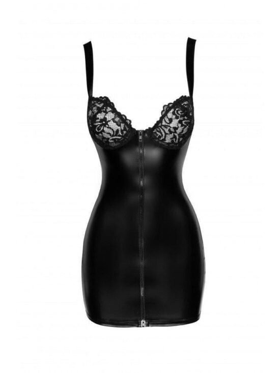 Noir Handmade Powerwetlook Mini Dress With Lace Chest And 2-Way Zipper