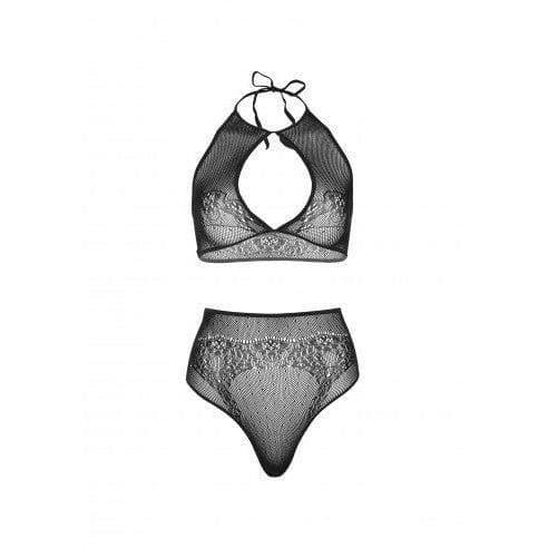 Leg Avenue Dotted Net Keyhole Halter Crop Top with Lace Accents and High Waist Thong Panty (2 pieces) - O/S - Black